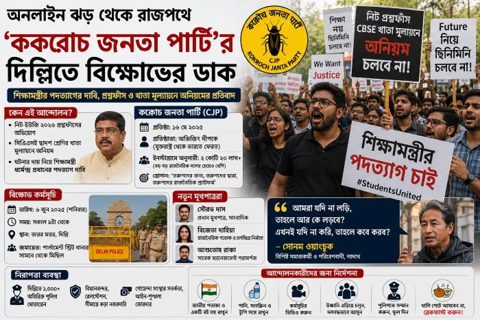 অনলাইন ঝড় থেকে রাজপথে: শিক্ষামন্ত্রীর পদত্যাগ দাবিতে দিল্লিতে ‘ককরোচ জনতা পার্টি’র বিক্ষোভ, থাকছেন সোনম ওয়াংচুক-ও